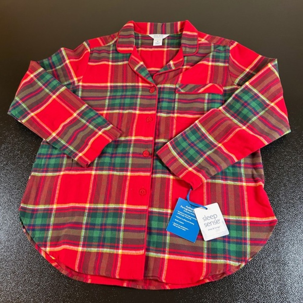 Sleep Sense Flannel Pajama Top Plaid Button Up Sleepwear Red Womens Medium NWT‎